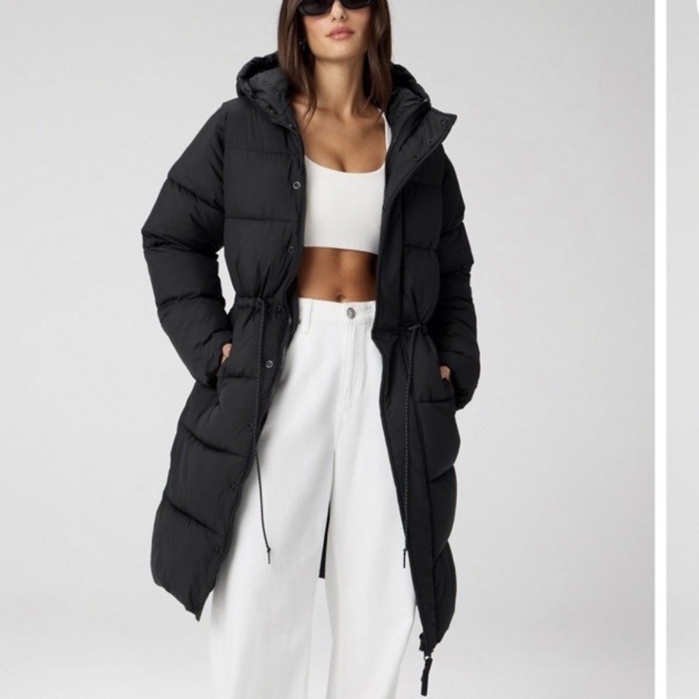 Fabletics Longline Puffer Jacket Black Hooded Coat XS